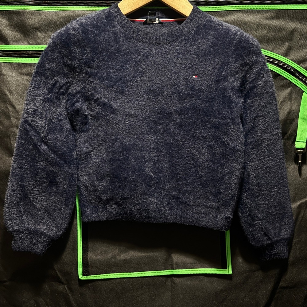 Tommy Hilfiger Kids Navy Blue Fuzzy Eyelash Knit Sweater Flag Logo Pullover